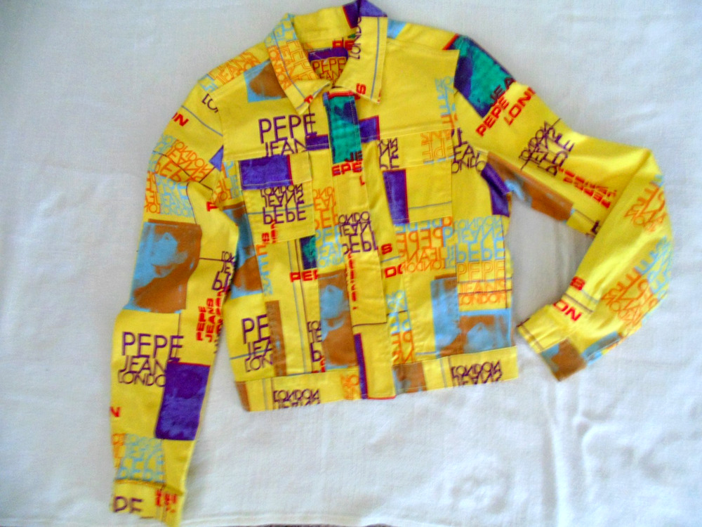 Vtg Yellow Stretch Pepe Jeans London Jacket Indie Rave Art Wear Print Womens M